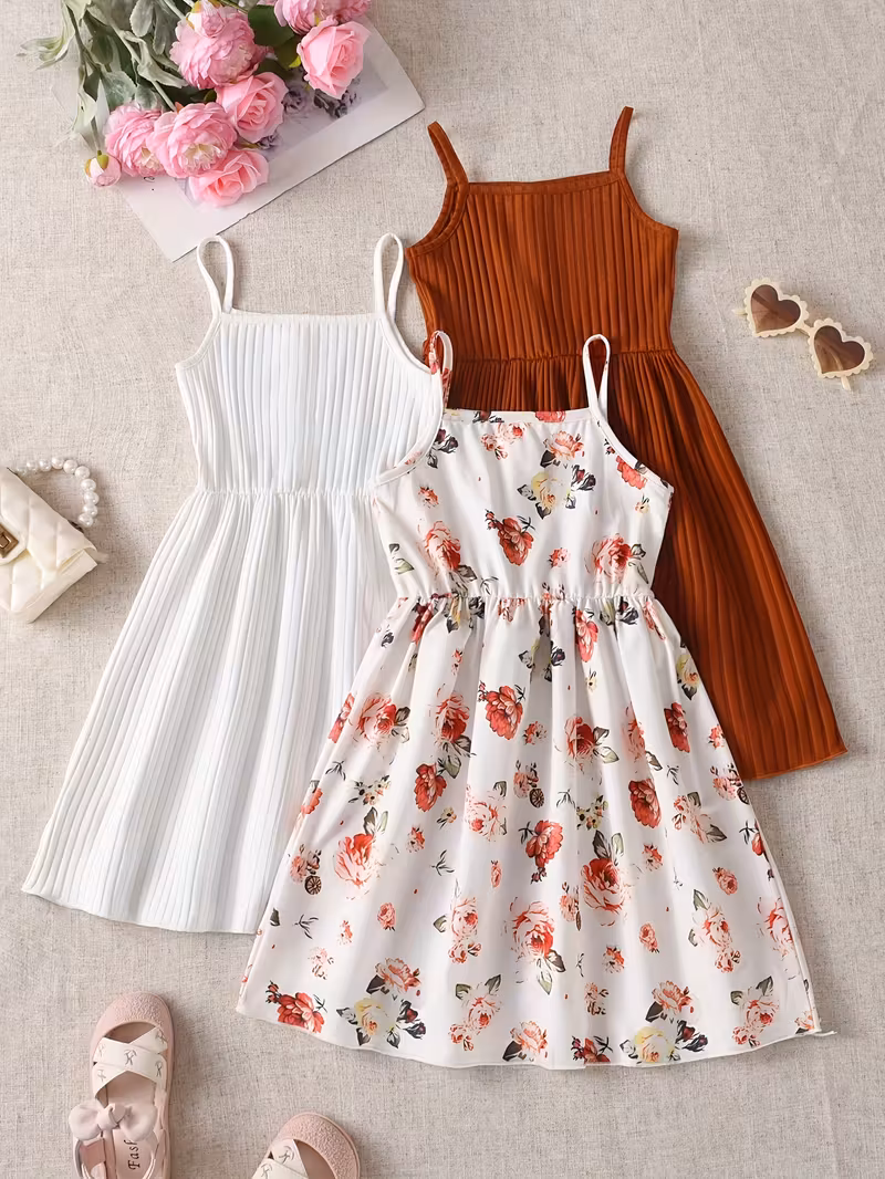 A 3pcs Set of Girls' Clothing Featuring a Sleeveless Floral Print Dress with Solid Color And Button Details, Perfect for Outings, Vacations, And School