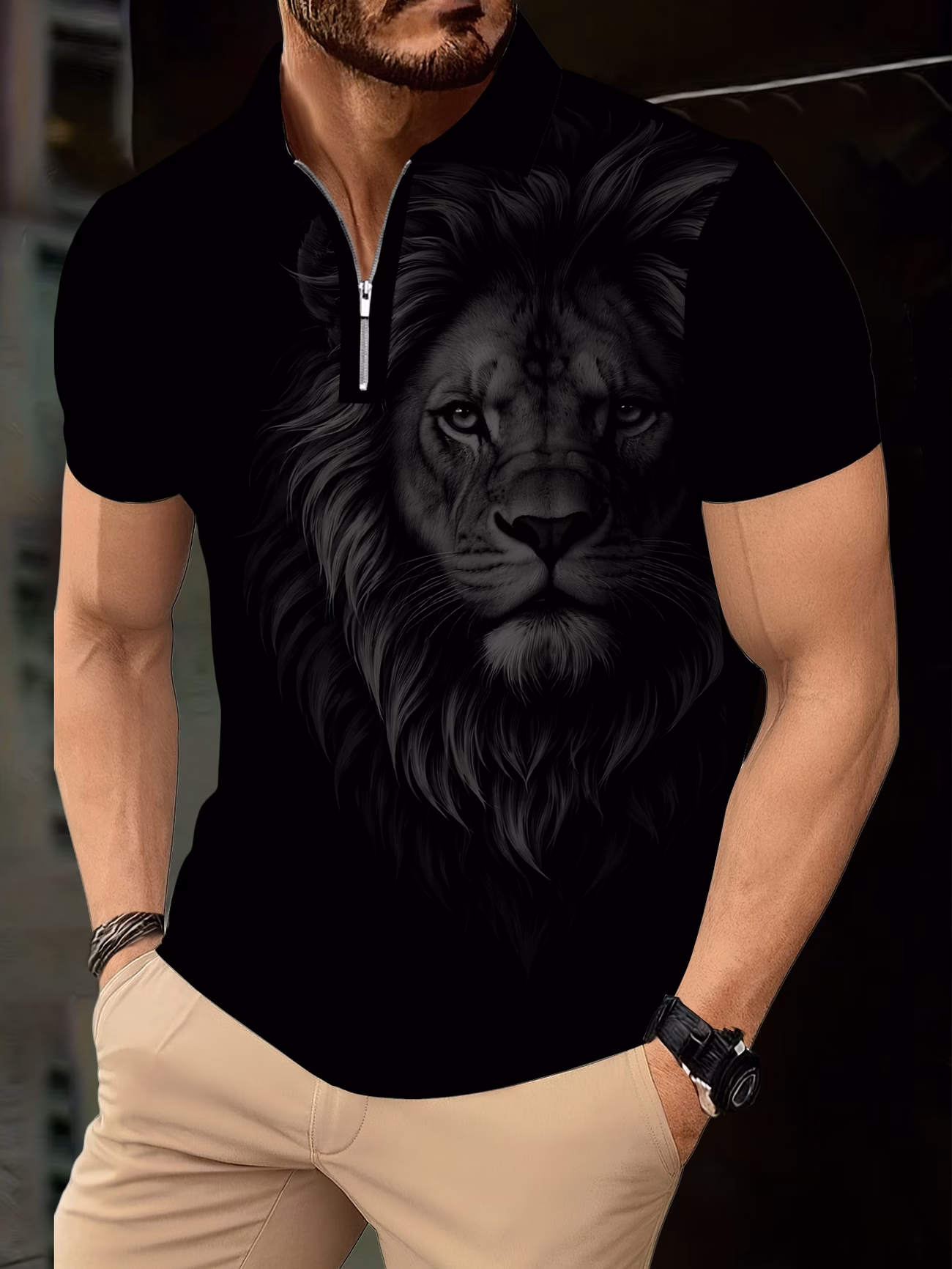 Men's Zip Polo Shirt Short Sleeve Summer Trendy Lion Print Collar T-Shirt Business Casual Slim Fit Men's Top Women's Clothing