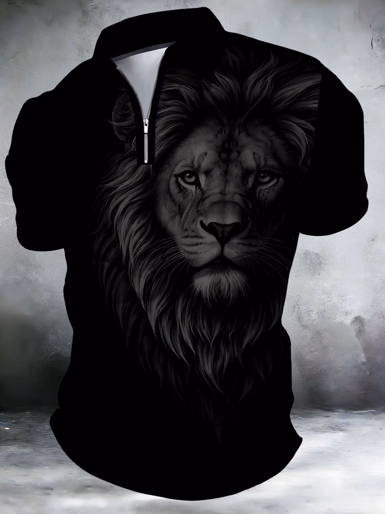 Men's Zip Polo Shirt Short Sleeve Summer Trendy Lion Print Collar T-Shirt Business Casual Slim Fit Men's Top Women's Clothing